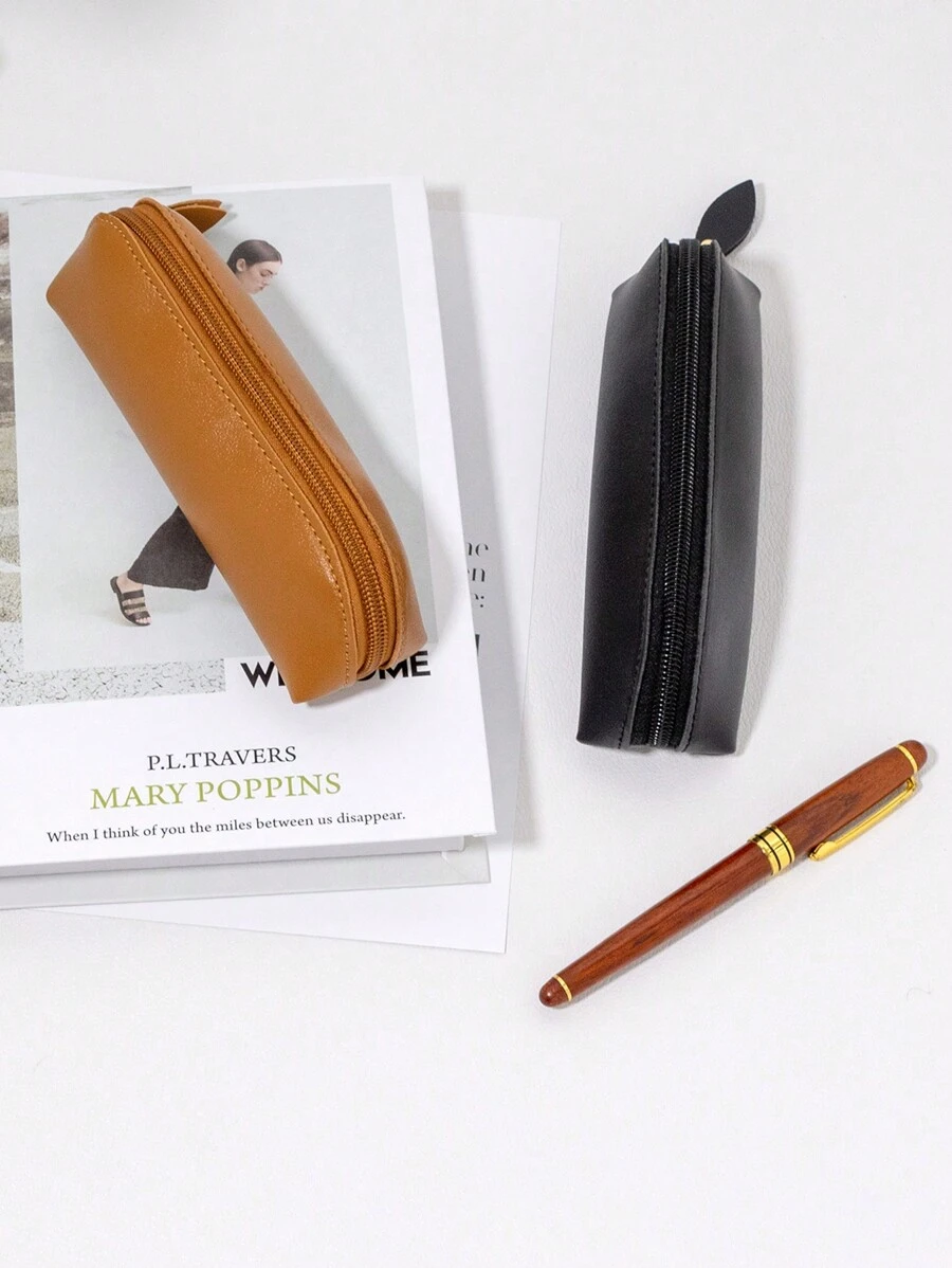 Leather Zipper Pen Case Brown Multi-Compartment Ballpoint Pen Organizer Pu Leather Pencil Pouch - Brown - View 1