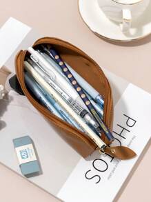 Leather Zipper Pen Case Brown Multi-Compartment Ballpoint Pen Organizer Pu Leather Pencil Pouch - Brown - View 2