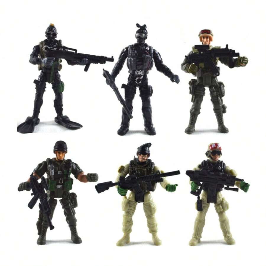 6 Piezas/conjunto Modelo De Soldado Con Caractersiticas De Policía Antiterrorista Con Articulaciones Móviles Y Armas Para Exhibición - Negro - Ver 1