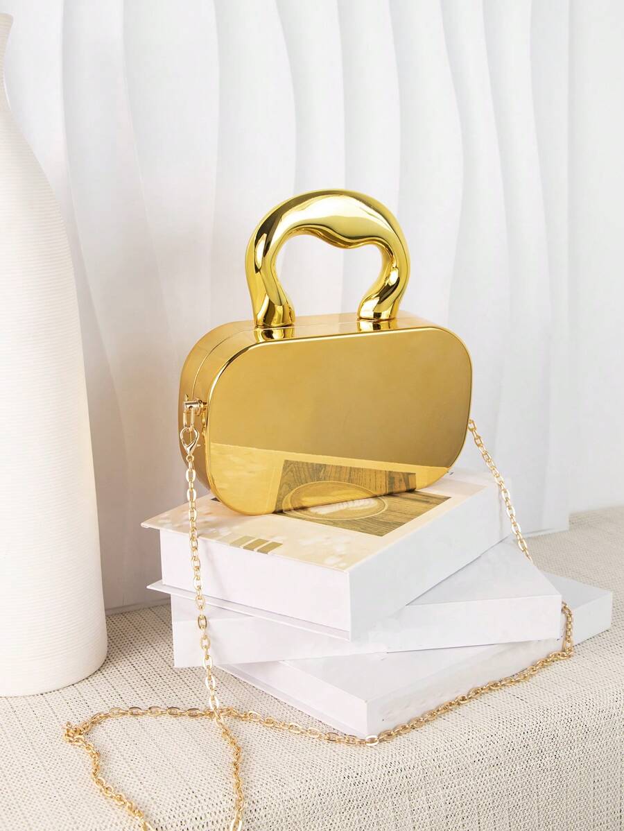迷你新潮丙烯酸金屬色手提盒配鏈條肩帶手袋 - 金色 - 查看 1