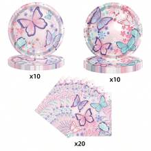 1set/40pcs Butterfly Themed Party Supplies, Including 10pcs 7-Inch Paper Plates, 10pcs 9-Inch Paper Plates, 20pcs 13-Inch Napkins And Disposable Cutlery Set - Multicolor - View 3
