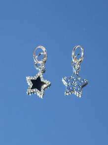 彩色 Cz 鑲嵌 3d 星星設計龐克風格吊墜耳環,帶有水鑽裝飾,非常適合女士約會和情人節禮物 - 粉色 - 查看 3