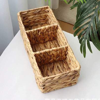 1 pezzo Cestino portaoggetti intrecciato a mano, cestino in rattan e vimini, cestino per il bagno - Cestino in rattan a 3 scomparti adatto per organizzazione della casa, camera da letto, bagno e soggiorno, idea regalo, contenitore decorativo, forniture per il ritorno a scuola, organizer per la camera da letto, contenitore decorativo, contenitore per costumi, cestino decorativo per la festa di San Valentino