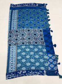 1條簡約印花女士圍巾-時尚長款圍巾帶流蘇,能防曬、當沙灘巾,保暖頸部,可作披肩使用 - 藍色 - 查看 5