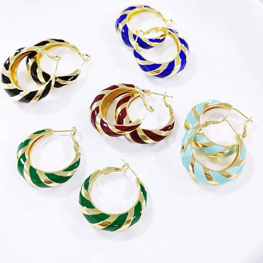 Fashion Vintage Wine-Red Twisted Rope & Oil Drip Large Hoop Earrings For Women, Versatile Round Ear Studs - Teal Blue - View 1