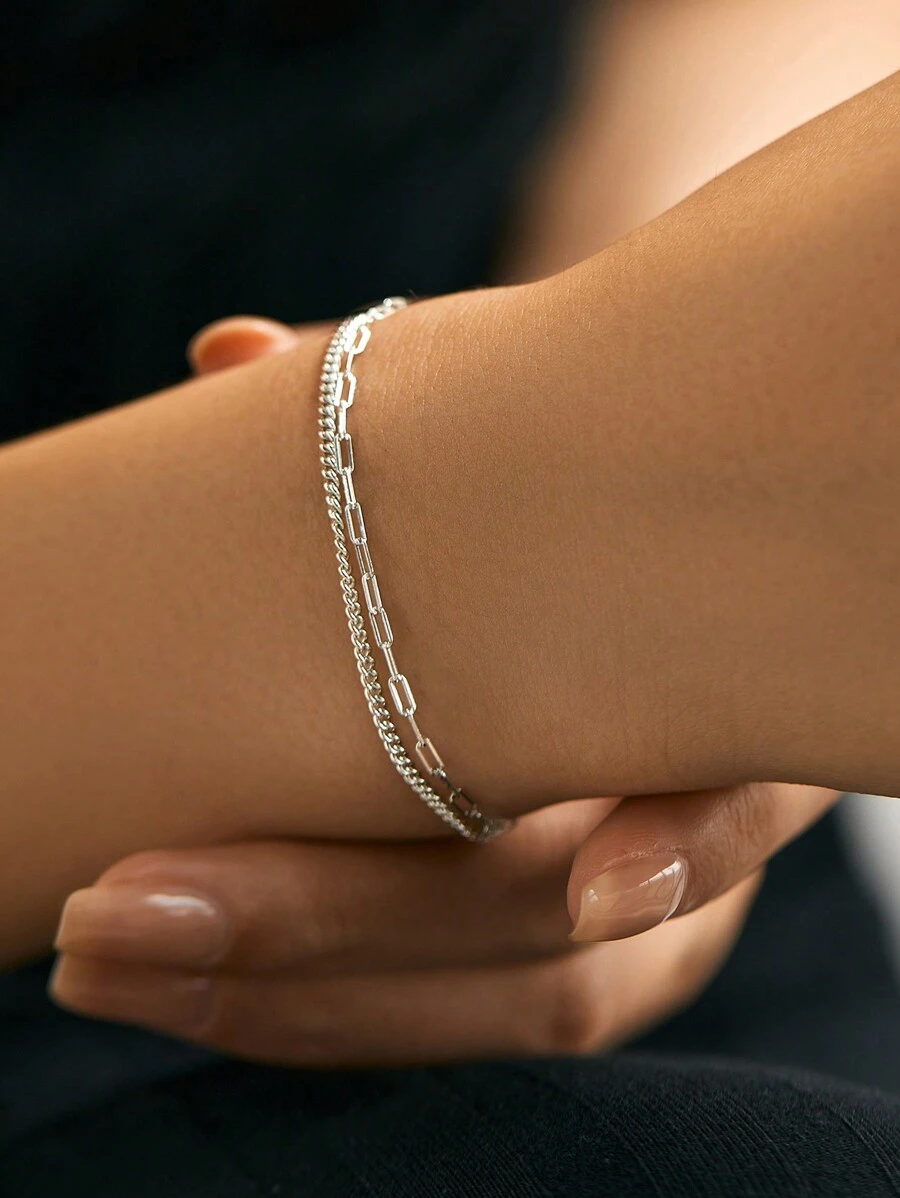 SYMFNY 1 Piece Of 925 Sterling Silver Simple Double Chain Mix Double Layer Bracelet Glitter Hand Jewelry Ladies Ornament
