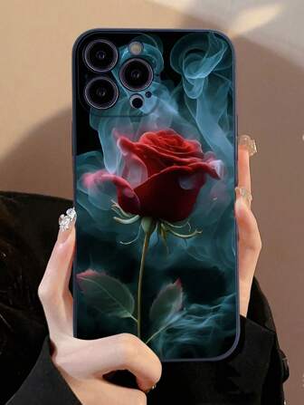 Apple Vintage 1pc Black Design Anti-Drop Colorful Painting Rose Phone Case Compatible With IPhone