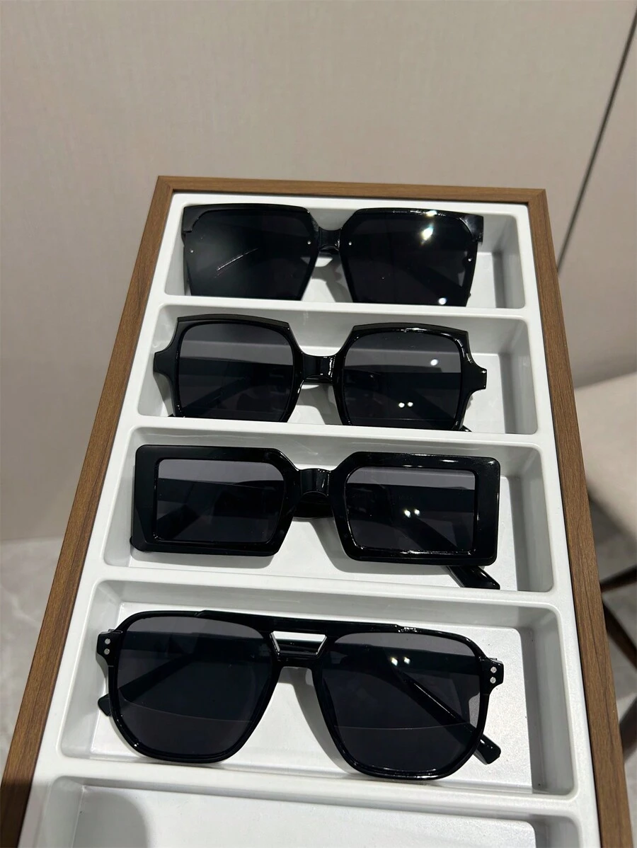 4 件装复古矩形时尚男士眼镜，日常佩戴 - 黑色 - 查看 1