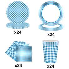 96入組藍色方格派對一次性餐具套裝,包括7吋紙盤24入、9吋紙盤24入、13吋紙餐巾24入、9oz 紙杯24入 - 藍白色 - 查看 3