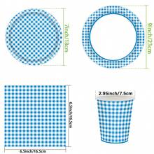 96入組藍色方格派對一次性餐具套裝,包括7吋紙盤24入、9吋紙盤24入、13吋紙餐巾24入、9oz 紙杯24入 - 藍白色 - 查看 2