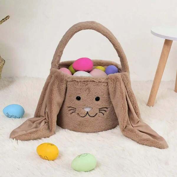 1 pièce Panier de rangement en forme de lapin, grande capacité, sac à main portable en peluche de lapin de Pâques, sac de rangement, panier à bonbons, fournitures ménagères