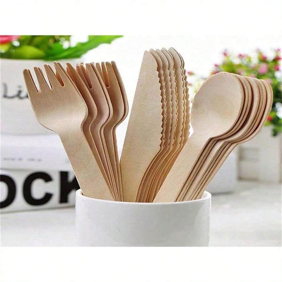 新款一次性木製餐具套裝（刀、叉、匙）,適用於生日派對和節日甜點桌 - 黃色 - 查看 1