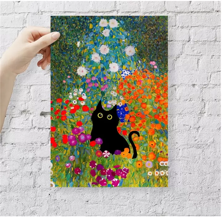 風景画 黒猫と庭のアート （夢二郷土美術館 お庭番ねこ「黑の助