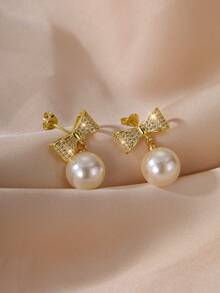 1對美麗的銅合金豪華鋯石耳環,適合情人節禮物贈送給女性 - 金色 - 查看 2