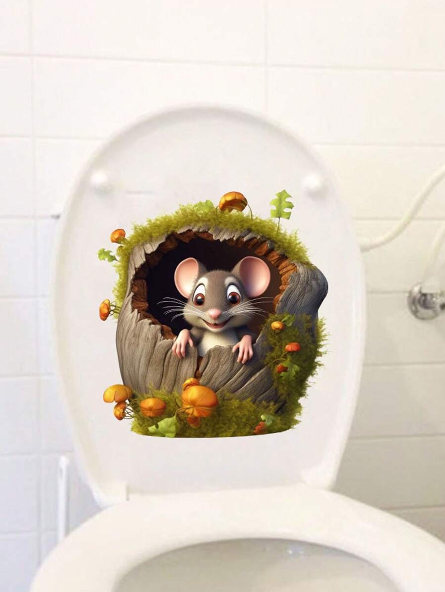 創意新設計樹上洞口可愛老鼠和3d破洞自黏壁紙,適用於廁所、浴室牆面裝飾 - 彩色 - 查看 1