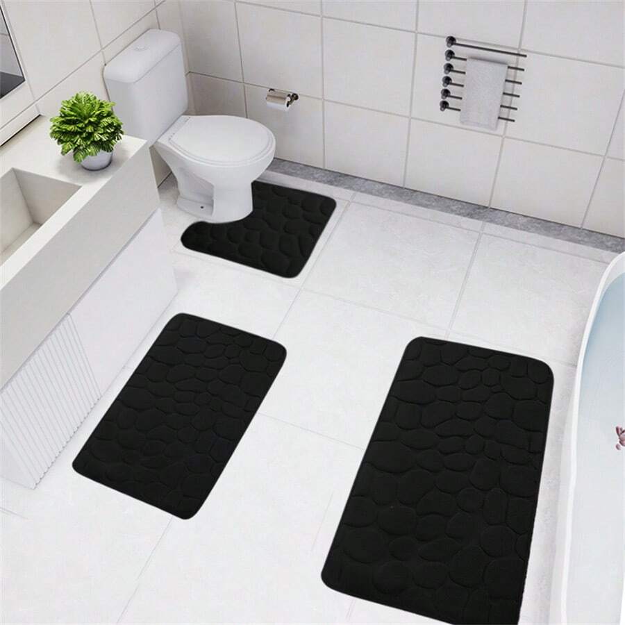 3入組浴室防滑地墊,帶有花紋的泡沫海綿地墊,快幹且可水洗浴室地毯,厚實舒適的浴室地氈,防滑、柔軟舒適的浴室踏墊,浴室配件,家居裝飾,浴室套裝 - 黑色 - 查看 1