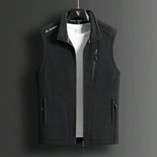 男士休閒保暖抓絨背心外套,適用於戶外活動運動服裝 - 黑色 - 查看 1