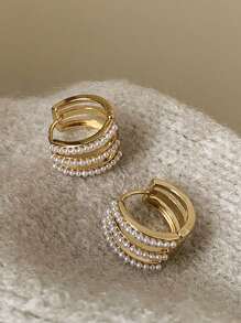 1 đôi Phong cách Pháp Ba Lớp Thiết kế ngọc trai giả Thanh lịch Hoa tai - Vàng - Xem 4