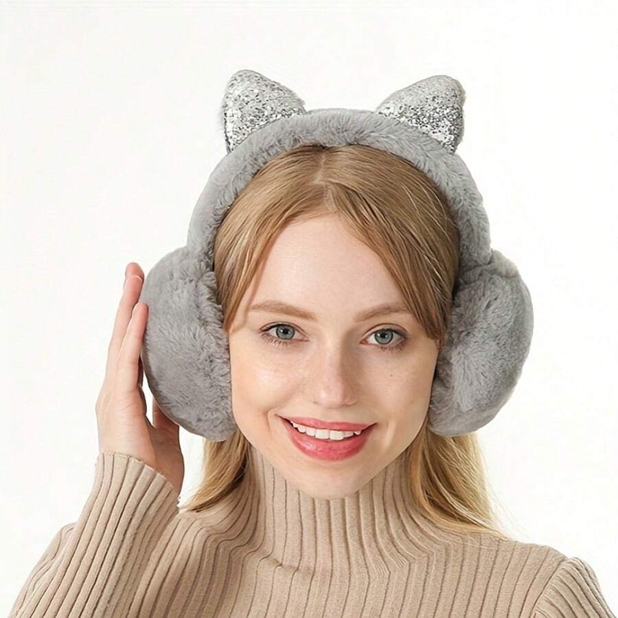 1件可愛貓耳朵毛絨耳罩純色可折疊耳罩保暖防風防凍防寒毛絨加厚適合成人學生青少年冬季戶外 - 灰色 - 查看 1