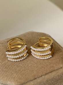 1 đôi Phong cách Pháp Ba Lớp Thiết kế ngọc trai giả Thanh lịch Hoa tai - Vàng - Xem 6