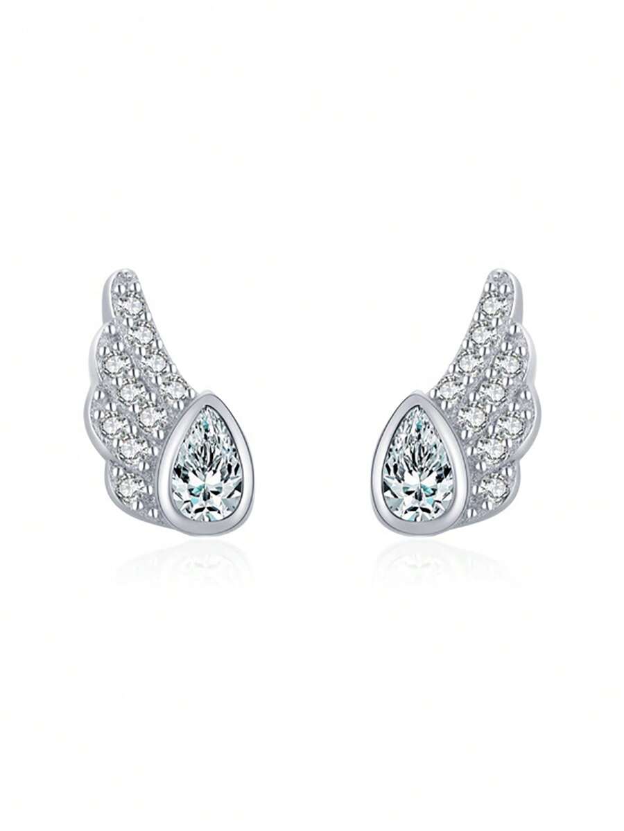1pair Exquisite 925 Sterling Silver Wing Shaped Earrings With Diamond Decor, Unique Design And Versatile For Look - RS0055 - View 1