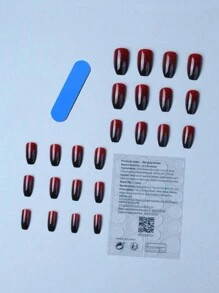 24入組/套中號棺材形假指甲,新年紅漸變設計美甲貼士,附果凍膠和指甲銼,適用於節慶美甲裝飾 - 紅色 - 查看 2