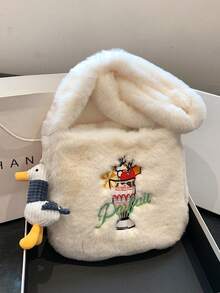 Stylish Plush Bag With Embroidered Fruit And Ice Cream, Large Capacity Shoulder Bag, Crossbody Bag, Perfect For Outings - White - View 2