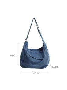 女士休閒簡約純色牛仔斜挎包,多口袋設計 - 藍色 - 查看 10