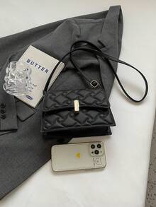 1個轉鎖扣帶蓋實色鑽石圖案復古方形包,時尚的斜挎肩包,適用於女性日常和約會使用,當作禮物也很適合 - 黑色 - 查看 5