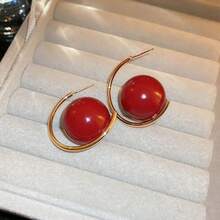 紅珍珠吊墜耳環,女性獨特設計,高端時尚冬季新品耳環 - 紅色 - 查看 2