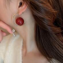 紅珍珠吊墜耳環,女性獨特設計,高端時尚冬季新品耳環 - 紅色 - 查看 3