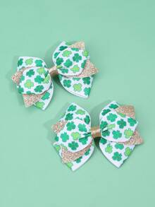 2pcs St. Patrick Shamrock Hair Bow Clips For Women,Glitter Ribbon Alligator Hair Clips,Fashion Women Hair Accessories. - Green - View 7