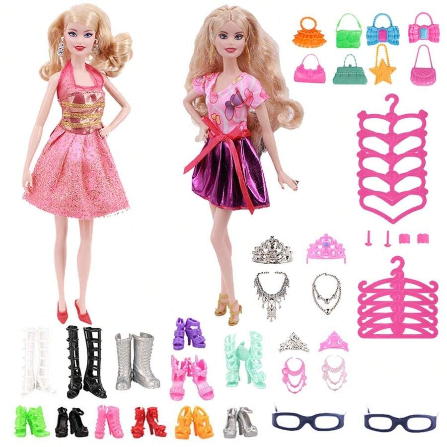 娃娃配件29入套組= 2件衣服+ 10個衣架+ 5雙鞋子+ 2個隨機選擇的錢包 + 2副眼鏡+ 2頂皇冠+ 2條項鍊+ 2個手鐲 + 2雙耳環 {不包括娃娃},假日禮物 - 彩色 - 查看 1