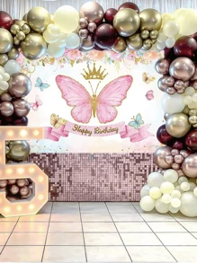 1 件粉色蝴蝶花生日涤纶横幅，带有“生日快乐”，背景布完美装饰生日派对、生日成人仪式淋浴家庭节日派对房间墙壁装饰、户外派对围栏装饰 - 彩色 - 查看 7