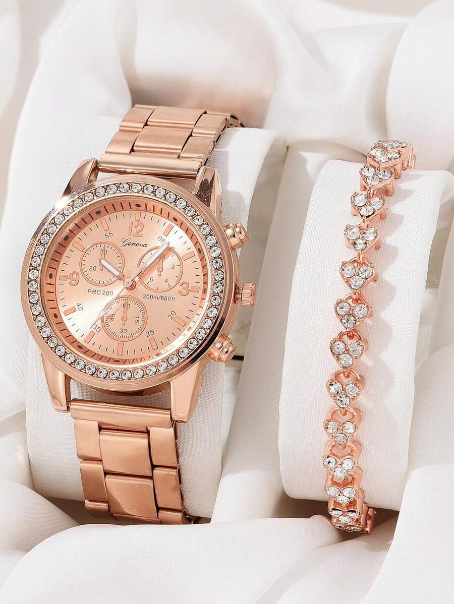 2 cái/bộ Của phụ nữ Vàng hồng Thép không gỉ Dây đeo đồng hồ , Thời trang Cổ điển Cân Kỹ thuật số & Đồ họa Tròn Quay số đồng hồ Quartz Với Pha lê Chuỗi vòng tay , Thích hợp Đối với Mặc hàng ngày , Đồ trang trí Và Qủa tặng Kỳ nghỉ - Hoa hồng vàng - Xem 1