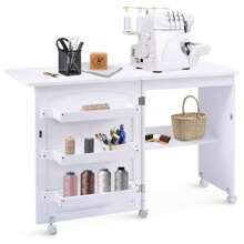 Foldable Sewing Table, Retractable Sewing Machine Table With Wheels & Door, Foldable Sewing Cabinet For Sewing Machine, Sewing Machine Cabinet Bedside Table For Living Room Study Bedroom - 白色 - 查看 2