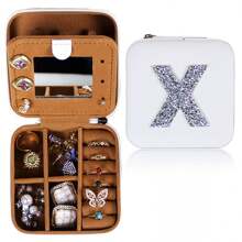1pc Diamond Shining Letter Shaped Jewelry Box, Large Capacity With Soft Velvet Interior, Waterproof Pu Leather For Women's Travel Outdoor Carry - White - View 32