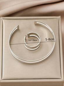 2 件简约铜质几何波浪手镯和戒指首饰套装，适合女性日常、派对、婚礼、母亲节礼物 - 銀色 - 查看 3