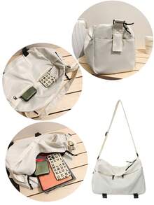 女士顏色拼接極簡大容量肩背包,休閒、百搭,適用於學校和時尚 - 白色 - 查看 3