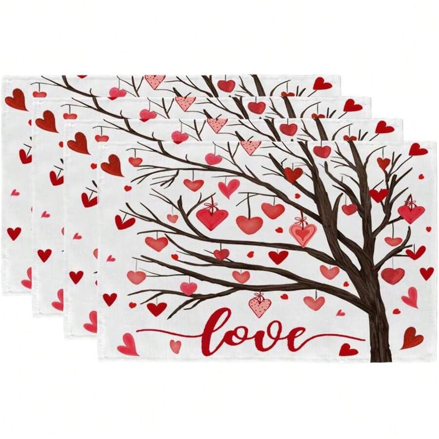 2 件組情人節裝飾餐墊,帶婚禮和愛情樹印花,亞麻桌墊,12*18 英寸 - 愛心樹 - 查看 1