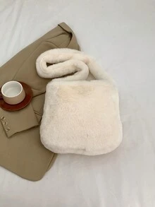 Stylish Plush Bag With Embroidered Fruit And Ice Cream, Large Capacity Shoulder Bag, Crossbody Bag, Perfect For Outings - White - View 5