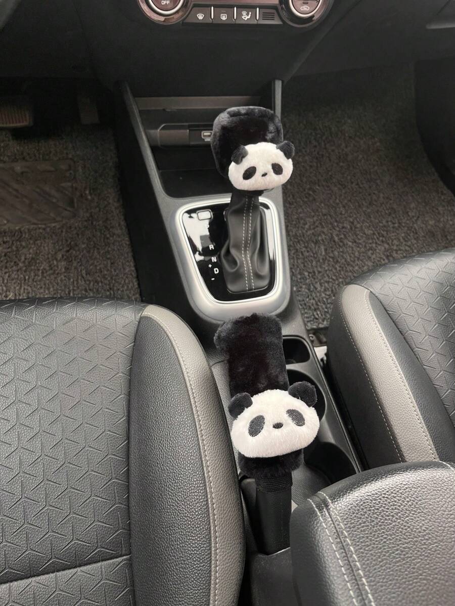 Cartoon Car Seat Belt & Handbrake & Gear Shift Cover Set, Cute Car Interior Decoration - Black and White - View 1