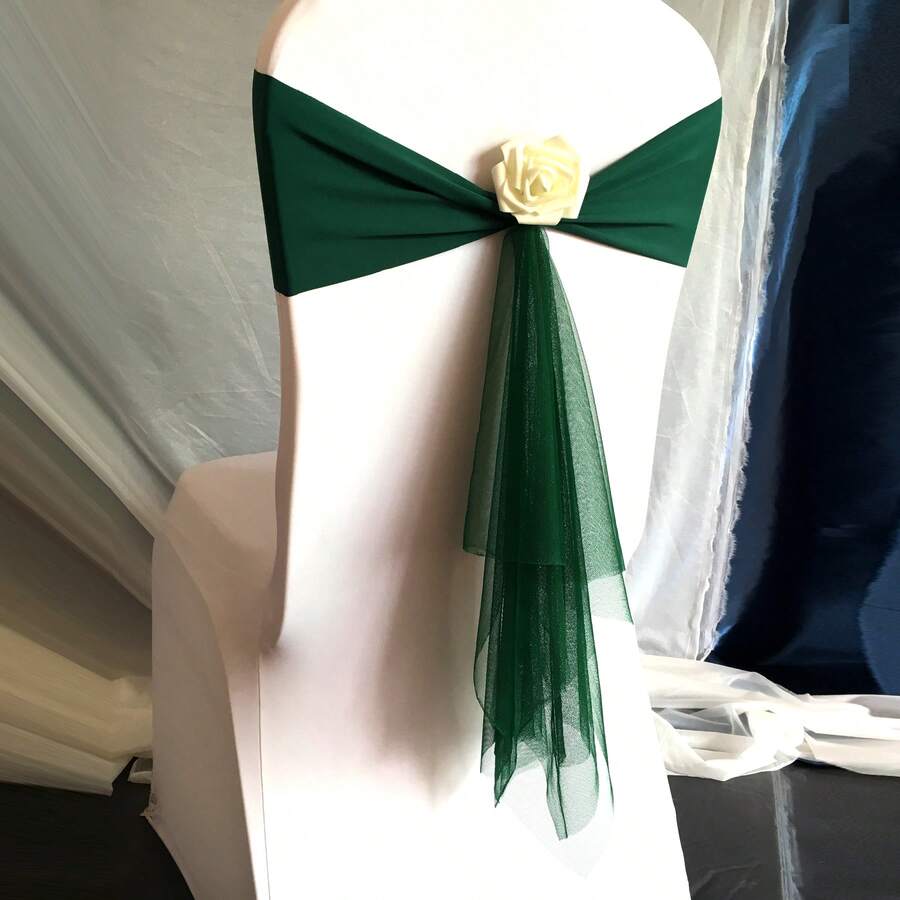 1pc Dark Green Elastic Chair Cover With Flower For Hotel & Wedding Reception, With Bowknot & Decorative Ribbon - Dark Green - View 1