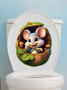 Creative Cute Squirrel 3d Hole & Tree Stump Design Self-Adhesive Sticker For Toilet, Bathroom Wall Decoration - Multicolor - View 5