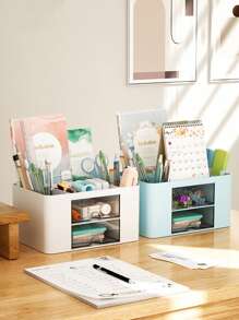 1pc Clear Drawer Storage Box Large Capacity Pen Holder Desktop Organizer For Kids, Girls, Students And Office - Baby Blue - View 7