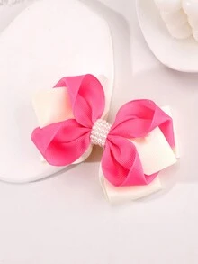 1pc Pink & Beige Pearl Bow Hair Clip For Kids, Girls' Hair Accessory - Multicolor - View 1