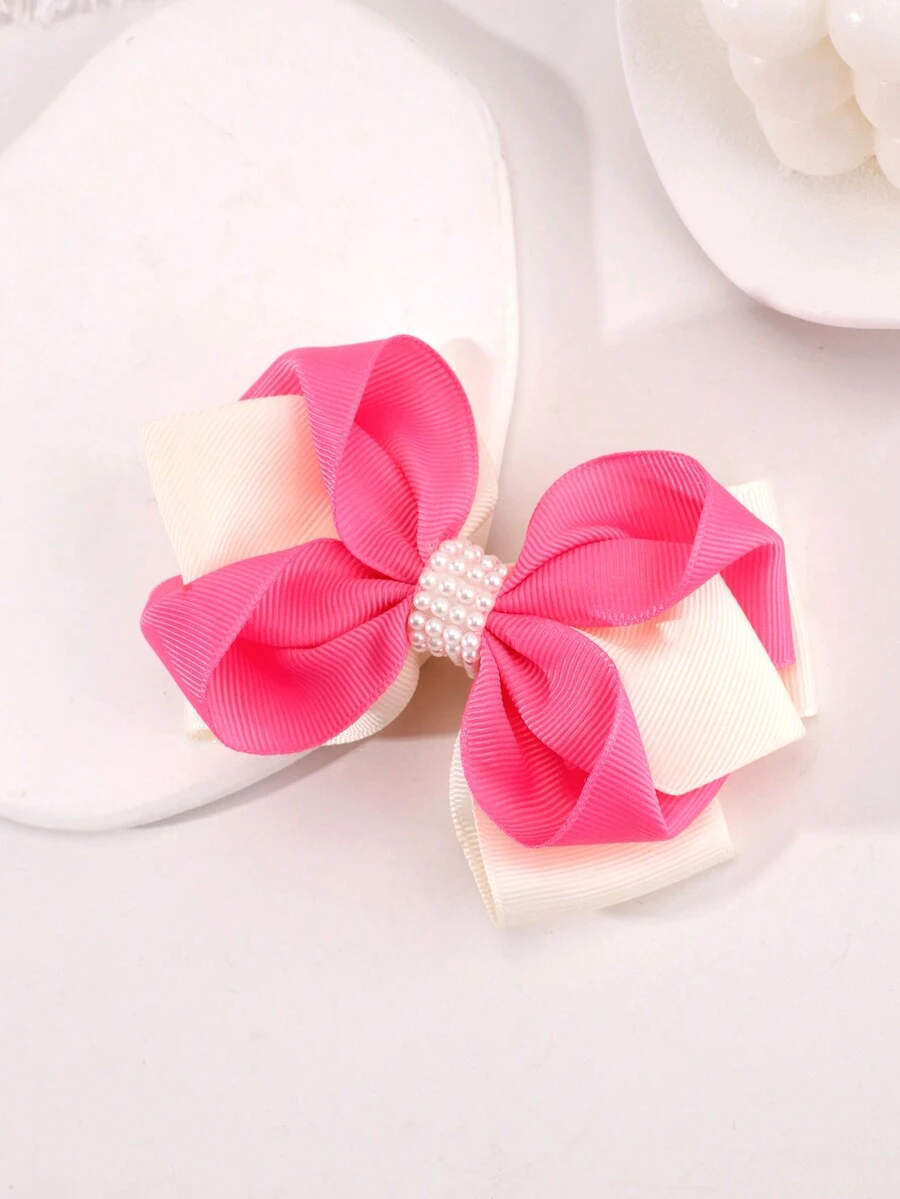 1pc Pink & Beige Pearl Bow Hair Clip For Kids, Girls' Hair Accessory - Multicolor - View 1