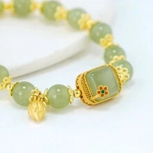 1 件時尚女式蓮花圖案仿和田玉蓮子串珠手鍊 - 綠色 - 查看 2