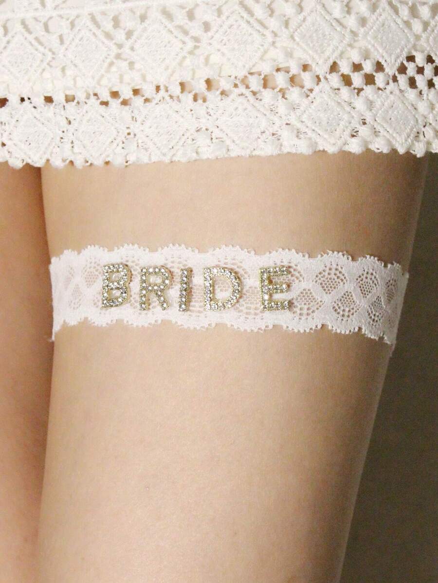 1入組白色新娘鑽石細節彈性蕾絲襪帶,適用於婚禮 - 白色 - 查看 1