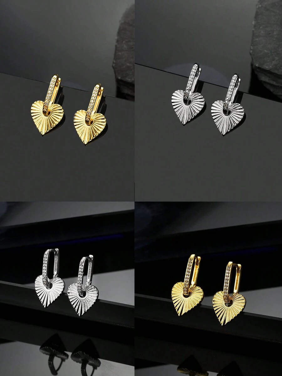 1對時尚個性化心形立體氧化鋯石耳針,適用於女士 - 彩色 - 查看 1